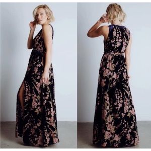 Baltic Born Lennon Velvet Black Floral Maxi Dress Front Slit Belted Lined